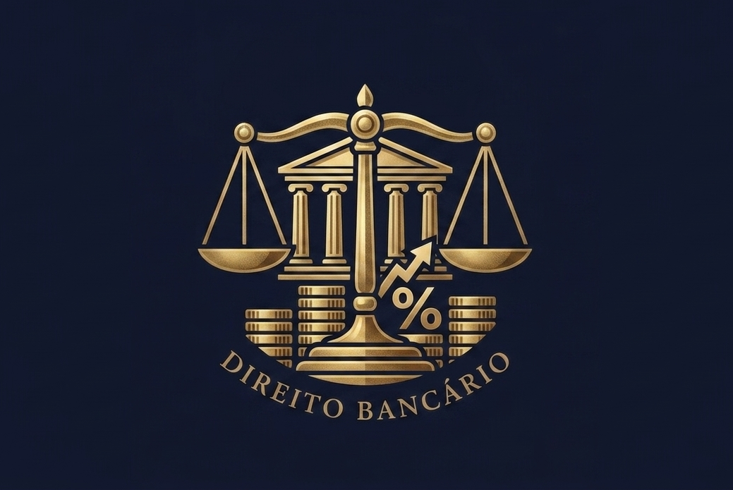 Mesa de escritório de advocacia com contratos bancários e balança da justiça